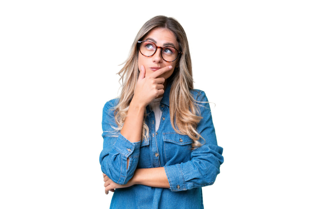 Woman on white background in contemplation